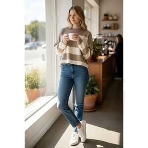 Striped Cropped Sweater XL Preppy Oversized Boxy Neutral Beige Cozy Minimalist